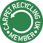 Carpet Recycling UK  Member Logo.  Green circle with white font and recycling arrow icon